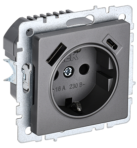 BRITE Розетка 1-местная с заземлением с защитными шторками 16А с USB A+C 18Вт РЮш11-1-БрС сталь IEK