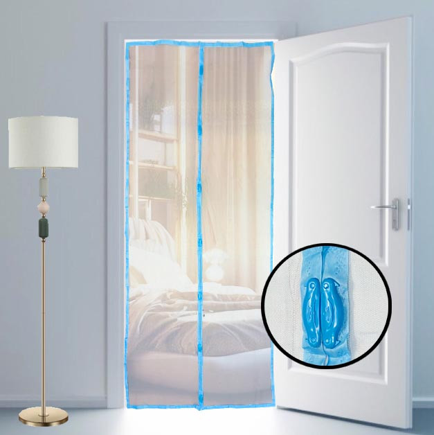 Магнитная противомоскитная сетка для дверей 120*210 см (голубая с принтом цветов)