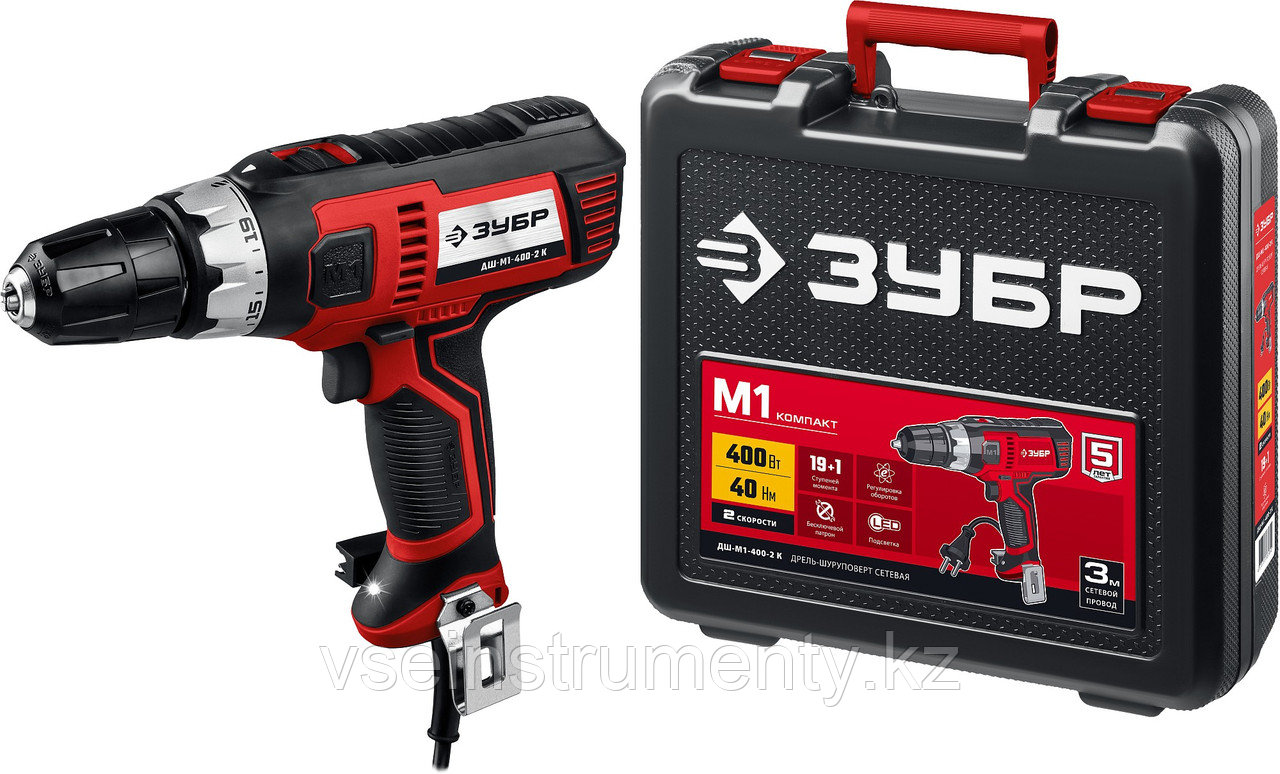 ЗУБР 400 Вт, 40 Н·м, кейс, сетевая дрель-шуруповерт (ДШ-М1-400-2 К), фото 1