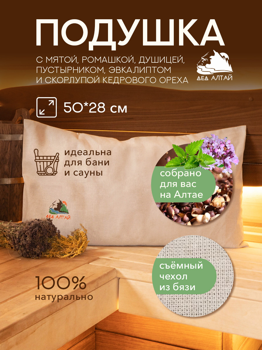 Подушка основа 50*28 СПАНБОНД (мята, эвкалипт, душица, ромашка, пустырник+кедр алтайский скорлупа), фото 1