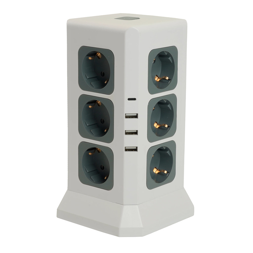 Удлинитель 12-местн с/з, 3x1мм2, 1.5 м,250В,16А, 3520Вт 3USB A + 1C 5V 3,4A, белый, серый серия Comfort, фото 1