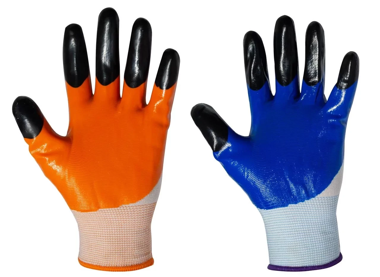 Перчатки нейлоновые с двойным неполным нитриловым покрытием, фото 1