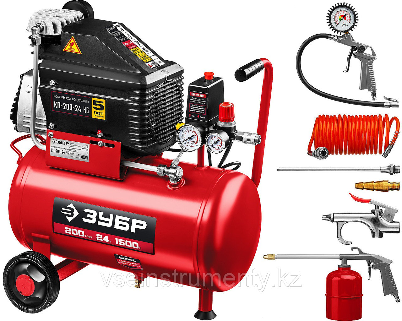 ЗУБР 200 л/мин, 24 л, 1500 Вт, 6 предметов, безмасляный компрессор (КП-200-24 Н6), фото 1