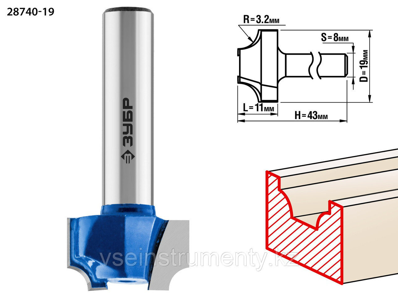 ЗУБР 19 x 11 мм, радиус 3.2 мм, фреза пазовая фасонная №1, Профессионал (28740-19), фото 1