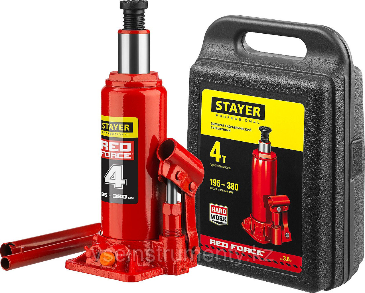 STAYER RED FORCE, в кейсе, 4 т, 195 - 380 мм, бутылочный гидравлический домкрат, Professional (43160-4-K), фото 1