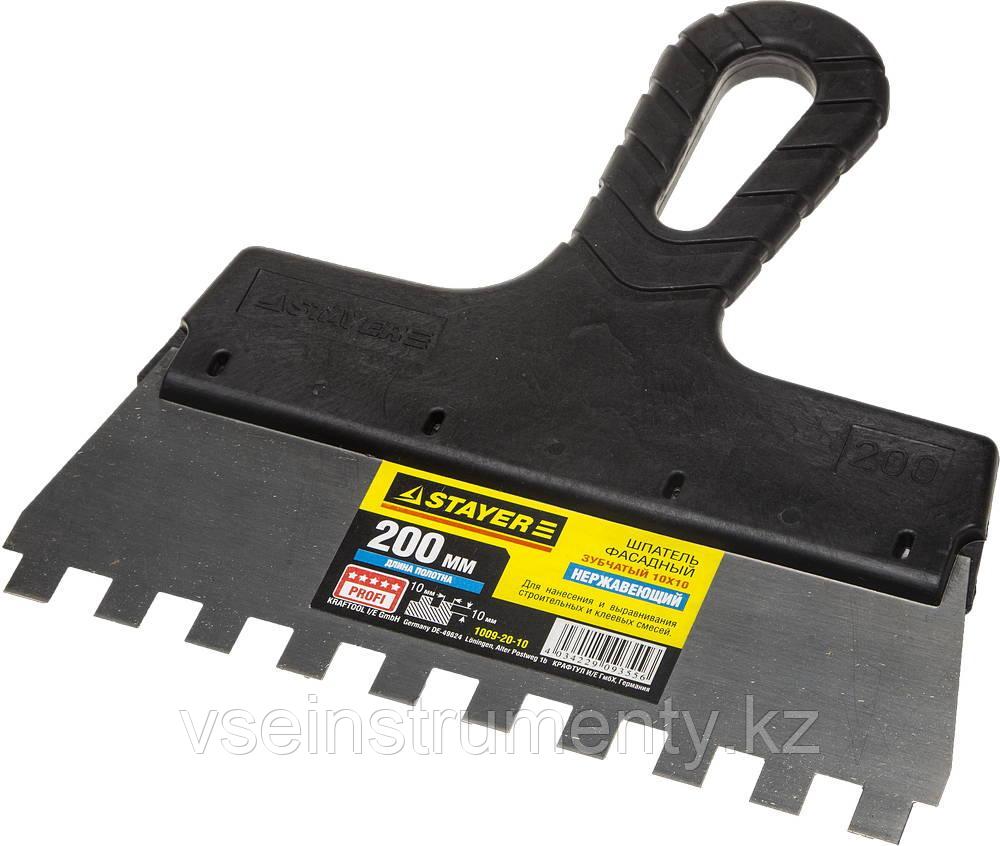 STAYER PROFlat, 200 мм, зуб 10 х 10 мм, пластиковая ручка, зубчатый, нержавеющий, фасадный шпатель,, фото 1