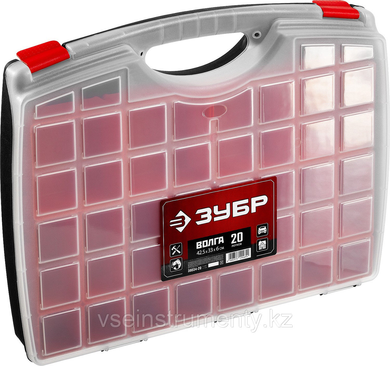 ЗУБР ВОЛГА-20, 425 х 330 х 60 мм, пластиковый органайзер с 20 съемными лотками (38034-20), фото 1