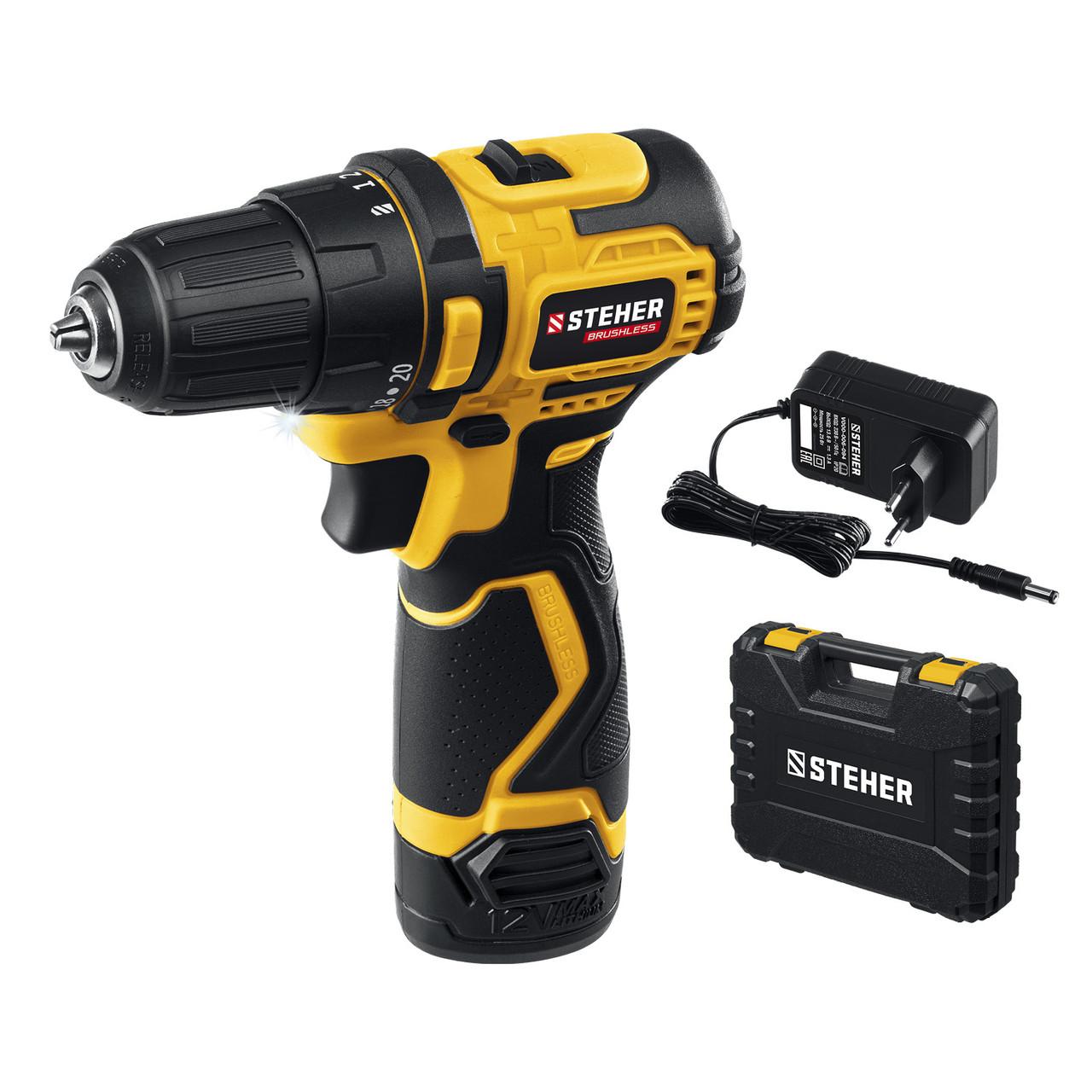 STEHER 12 В, 35 Н·м, 1 АКБ (2 А·ч), бесщеточная дрель-шуруповерт, кейс (CDB-120-1), фото 1