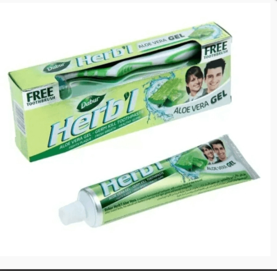 Зубная паста (с экстрактом алоэ) в подарок зубная щетка, Дабур, Toothepaste Herbl Aloe Vera, Dabur, 150 г