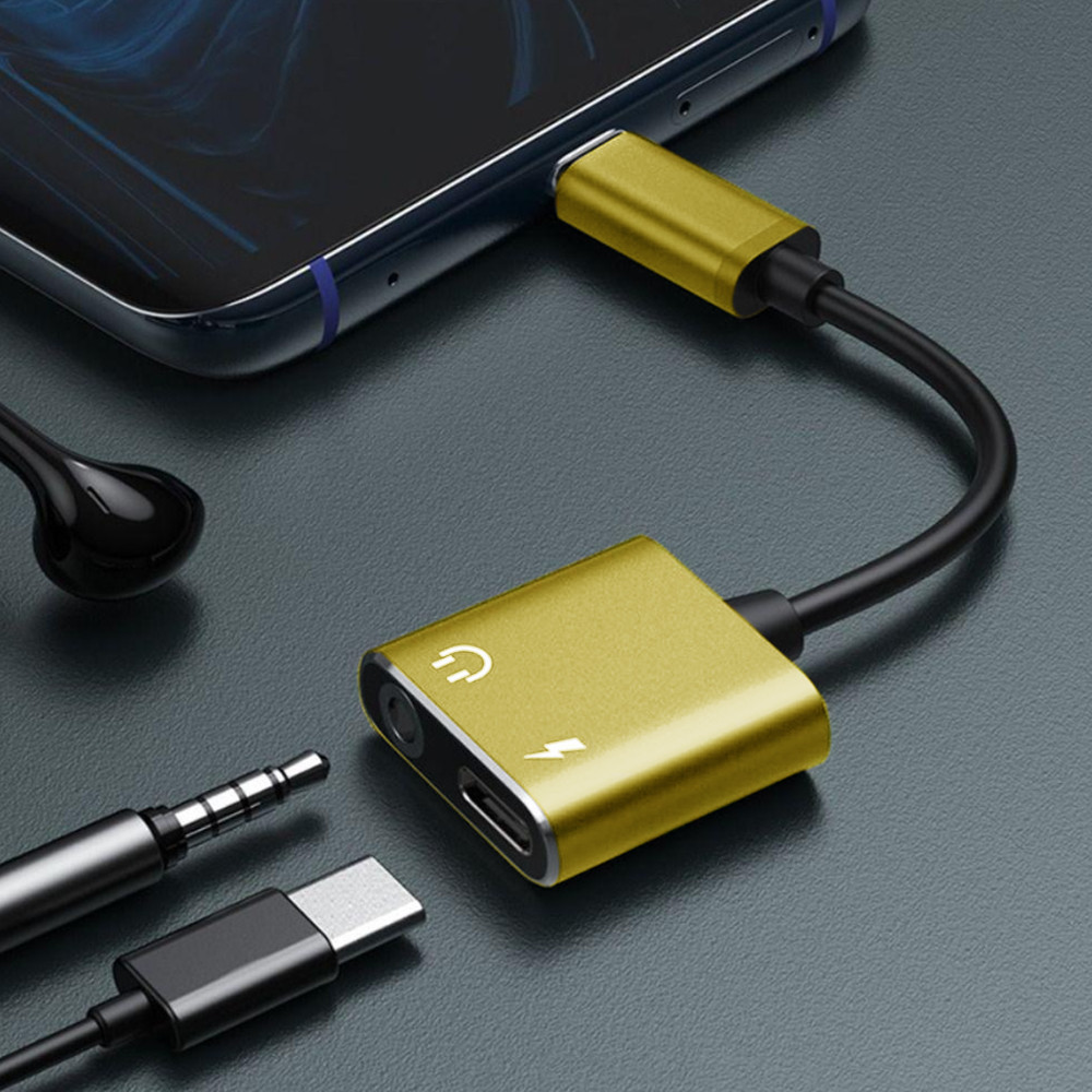 Переходник адаптер Type C + AUX Jack 3.5mm Denmen DU07 золотистый
