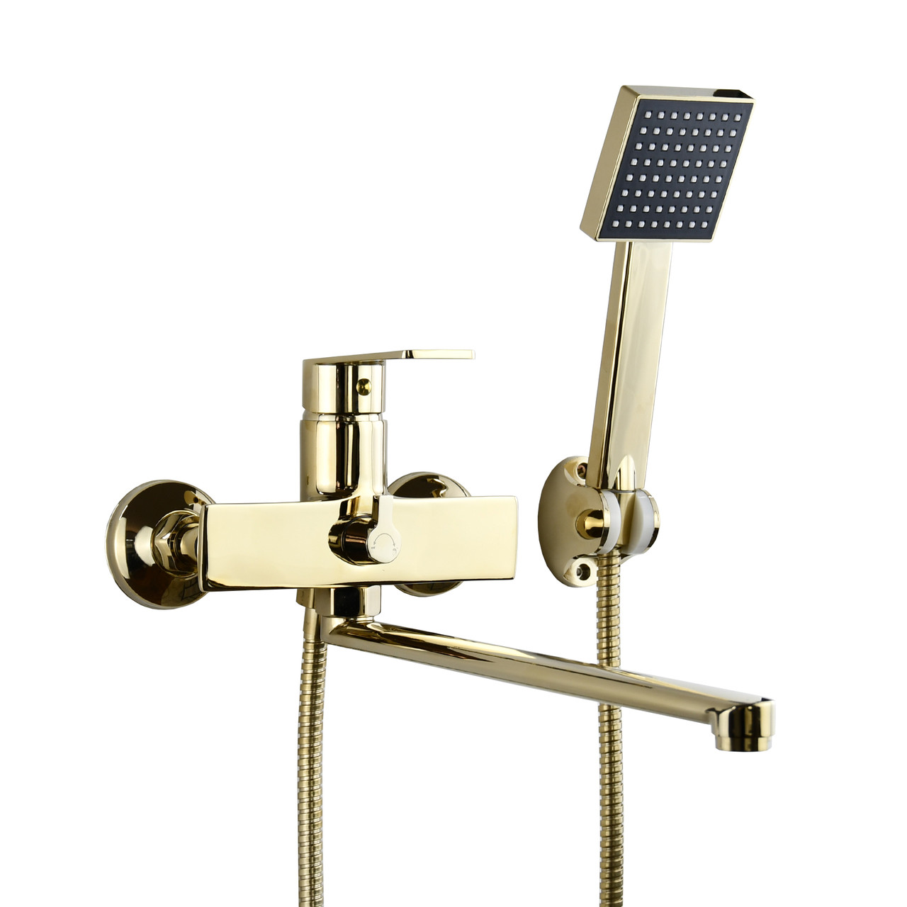 Смеситель для ванны Atlas Jupiter JP0004406 с длинным гусаком 35 см, шланг 140 см, золотистый, цинк  (Ширина -