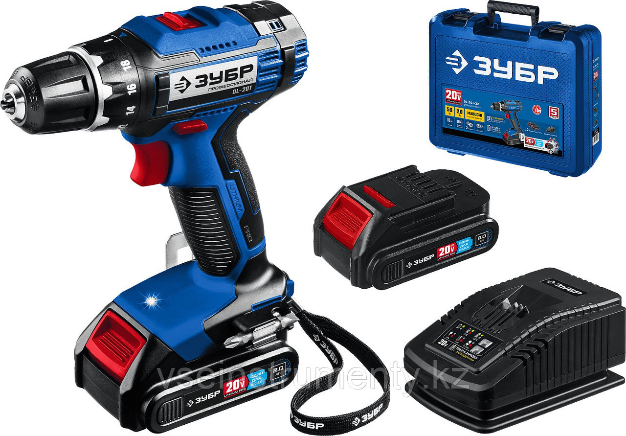 ЗУБР Т7, 20 В, 50 Н·м, 2 АКБ (2 А·ч), дрель-шуруповерт, кейс, Профессионал (DL-201-22), фото 1