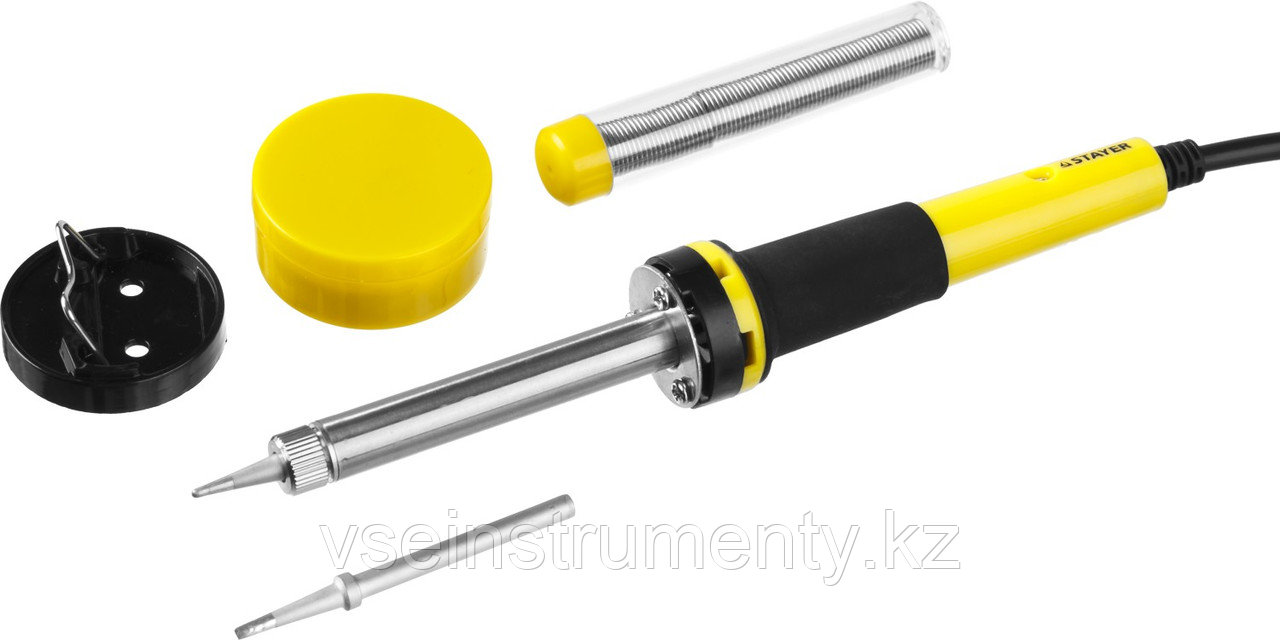 STAYER PROTerm, 40 Вт, с 2к рукояткой, конус, подставка + припой + сменное жало + канифоль, набор для паяльных, фото 1