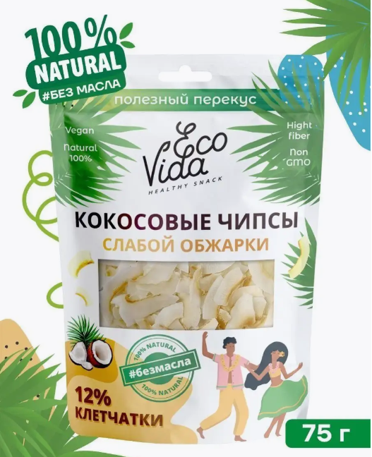 Чипсы кокосовые EcoVida, слабой обжарки, 75 г.