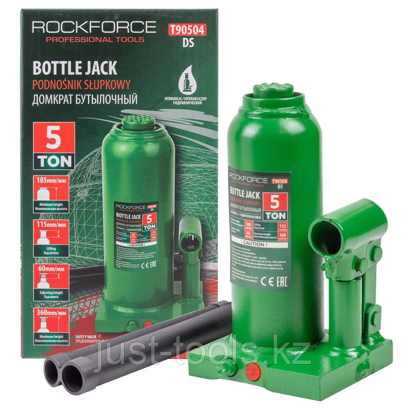 ROCKFORCE Домкрат гидравлический бутылочный, 5т (с предохранительным клапаном, минимальная высота: 185 мм, ход