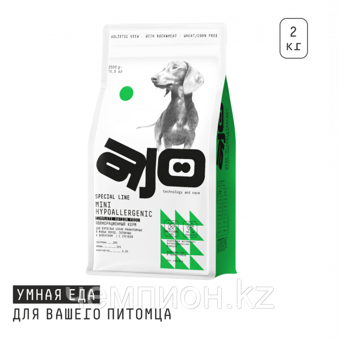 560525 AJO Dog Mini Hypoallergenic. Полнорационный корм с гречкой для собак малых пород, 2 кг