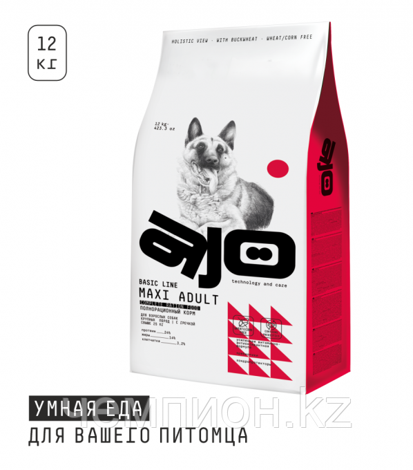 560433 AJO Dog Maxi Adult Сухой полнорационный корм с гречкой для взрослых собак крупных пород 12 кг