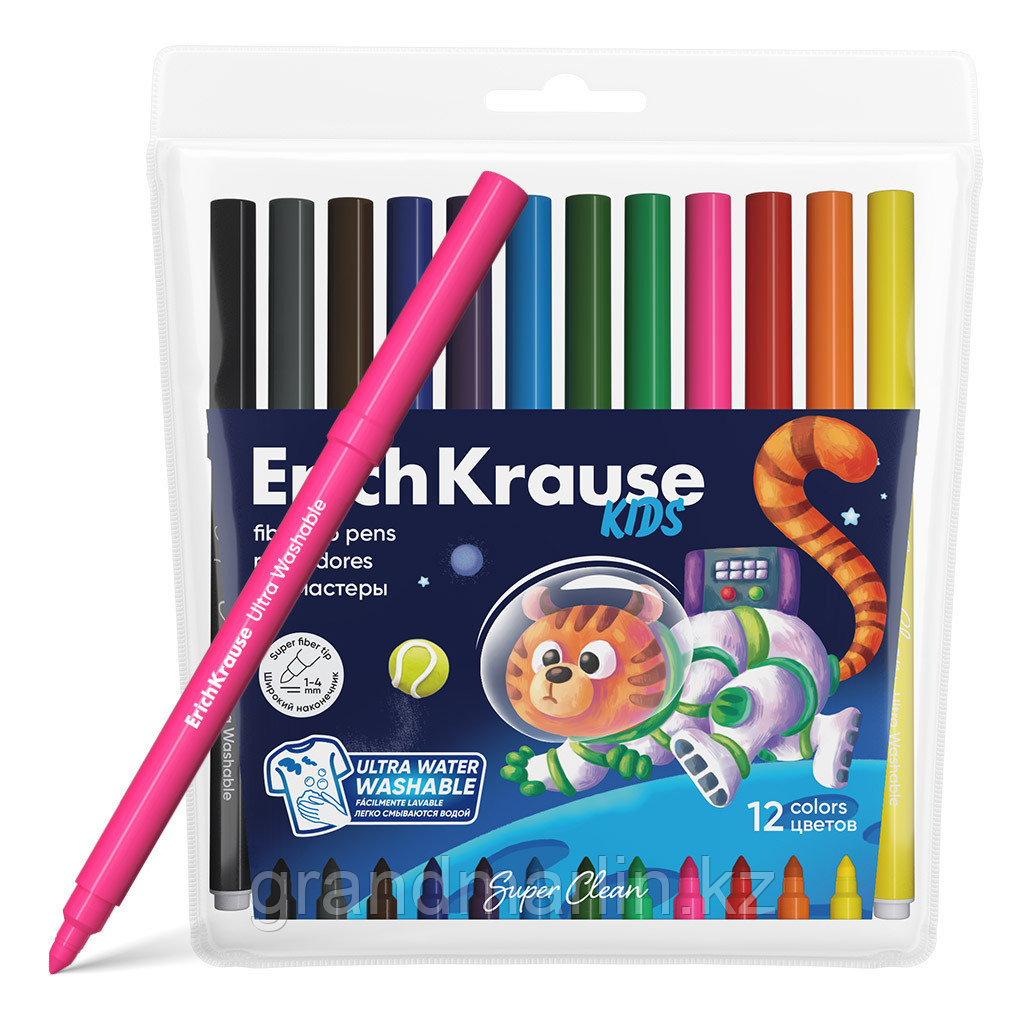 Фломастеры ErichKrause Kids Space Animals Super Tip Ultra Washable 12 цветов (в футляре с европодвес, фото 1