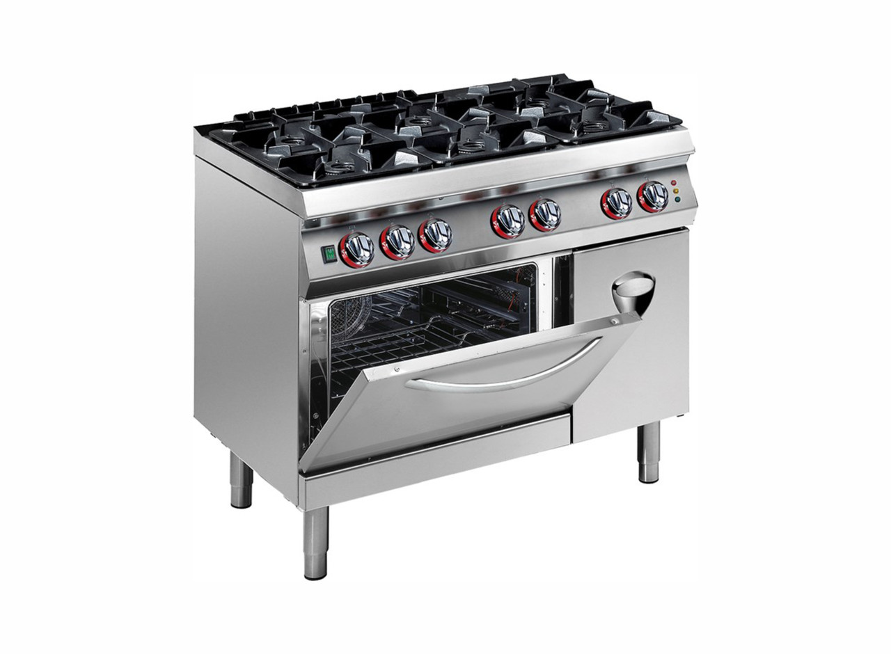 ПЛИТА ГАЗОВАЯ (ШЕСТЬ КОНФОРОК) НА ЭЛЕКТРИЧЕСКОЙ КОНВЕКЦИОННОЙ ПЕЧИ Angelopo