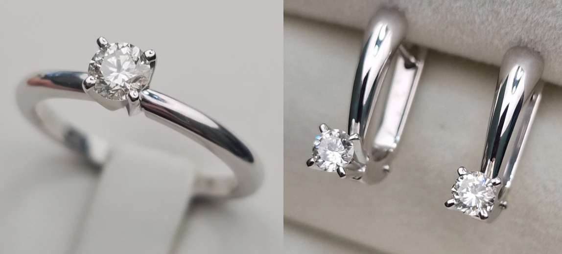 Золотой набор с бриллиантами (кольцо 0.18 Сt VS2/I VG, 18.5 р., серьги 0.34Ct SI1-I1/I, VG-Cut )