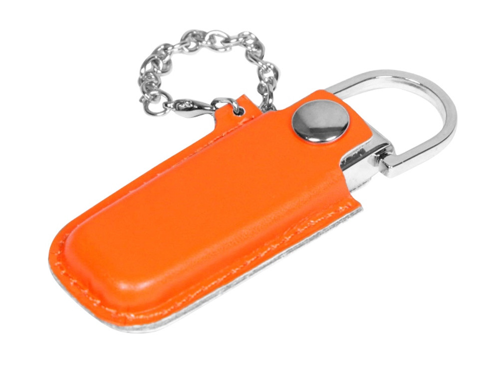 USB 2.0- флешка на 64 Гб в массивном корпусе с кожаным чехлом, оранжевый/серебристый