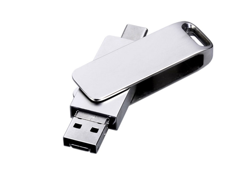 USB 2.0-флешка на 64 Гб поворотный механизм, c дополнительным разъемом Micro USB с одноцветным металлическим