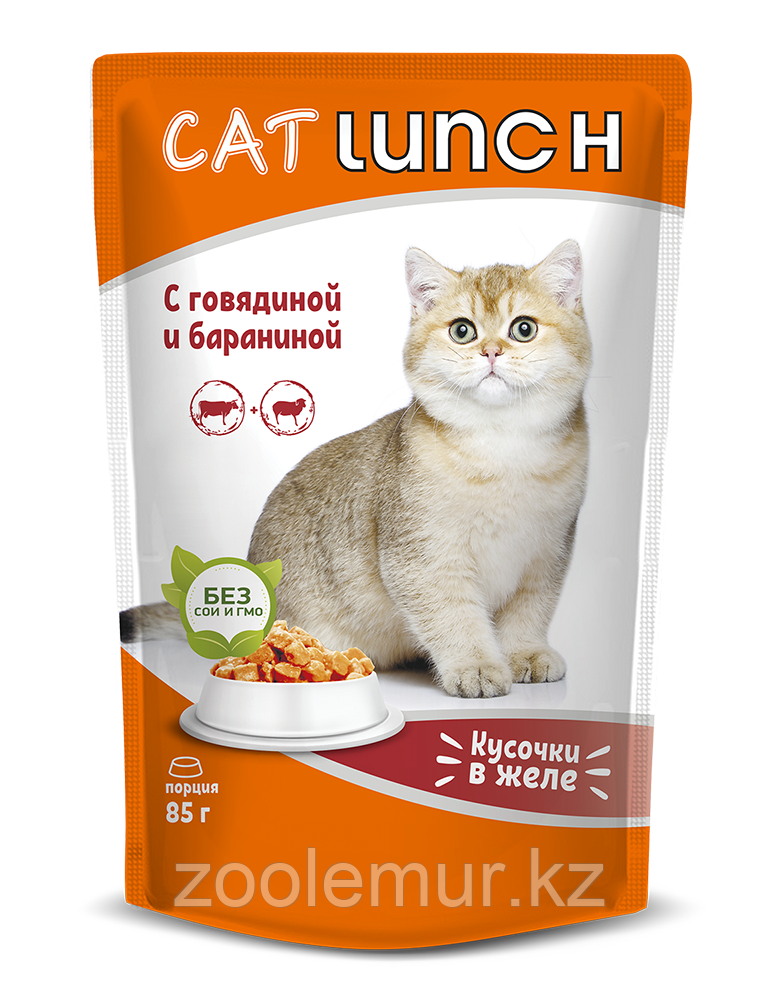 Cat Lunch кусочки в желе паучи для кошек Говядина и Баранина, 85 г