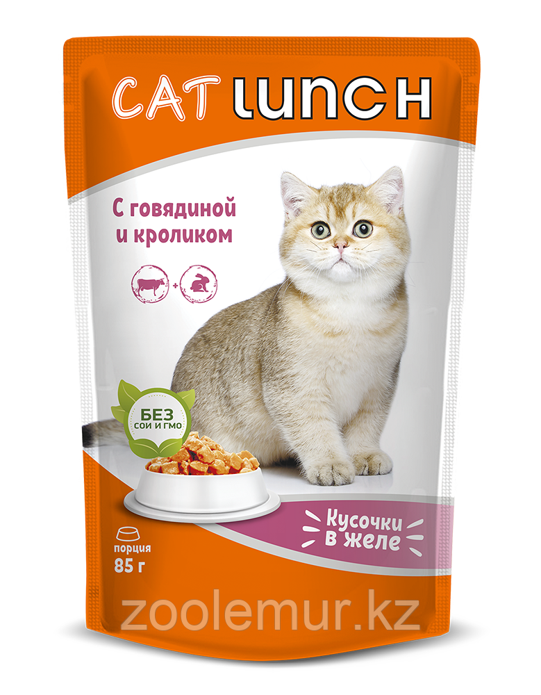 Cat Lunch кусочки в желе паучи для кошек Говядина и Кролик, 85 г