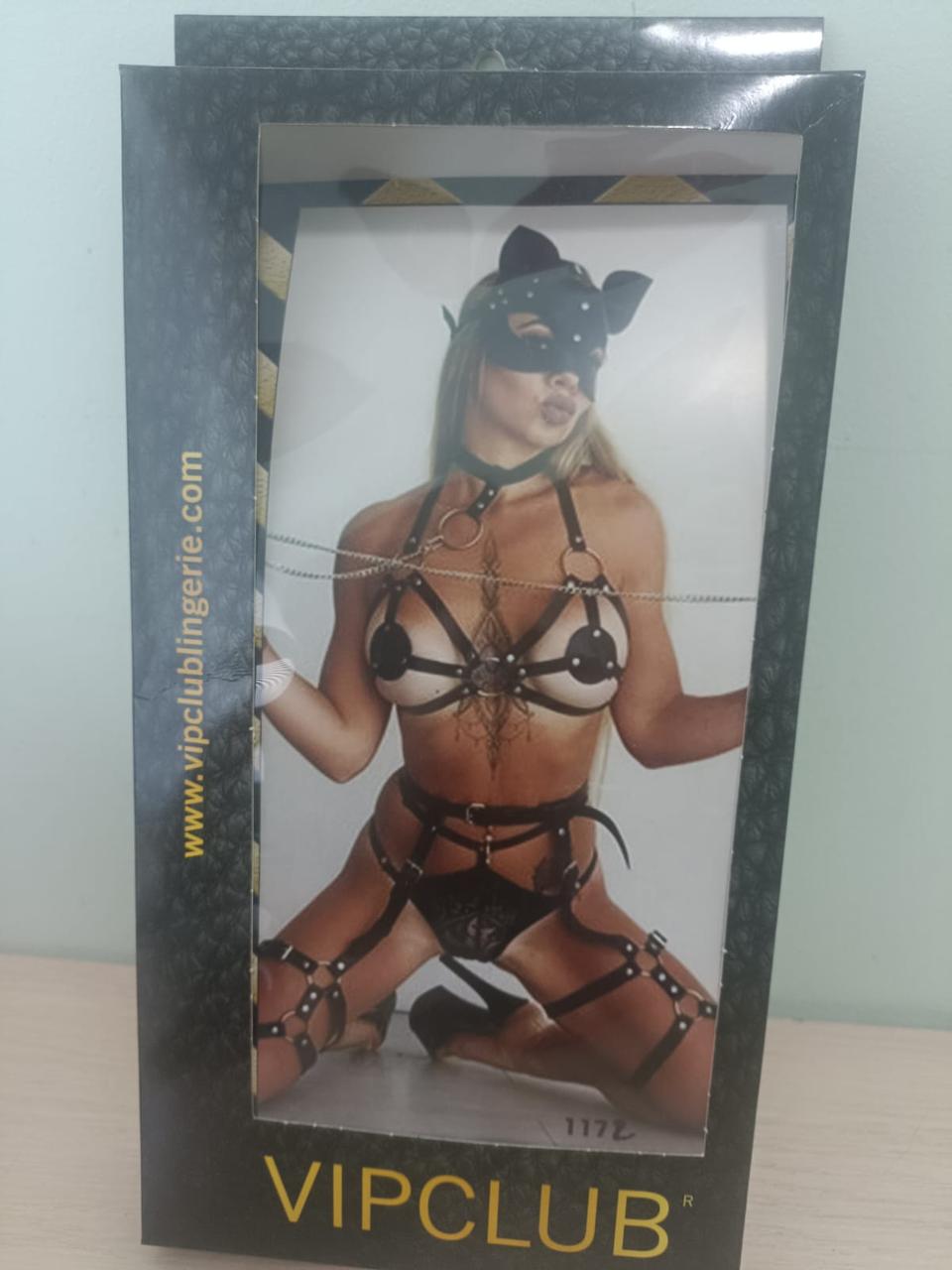 Костюм кожаный для БДСМ с маской кошки  Vip Club 1172