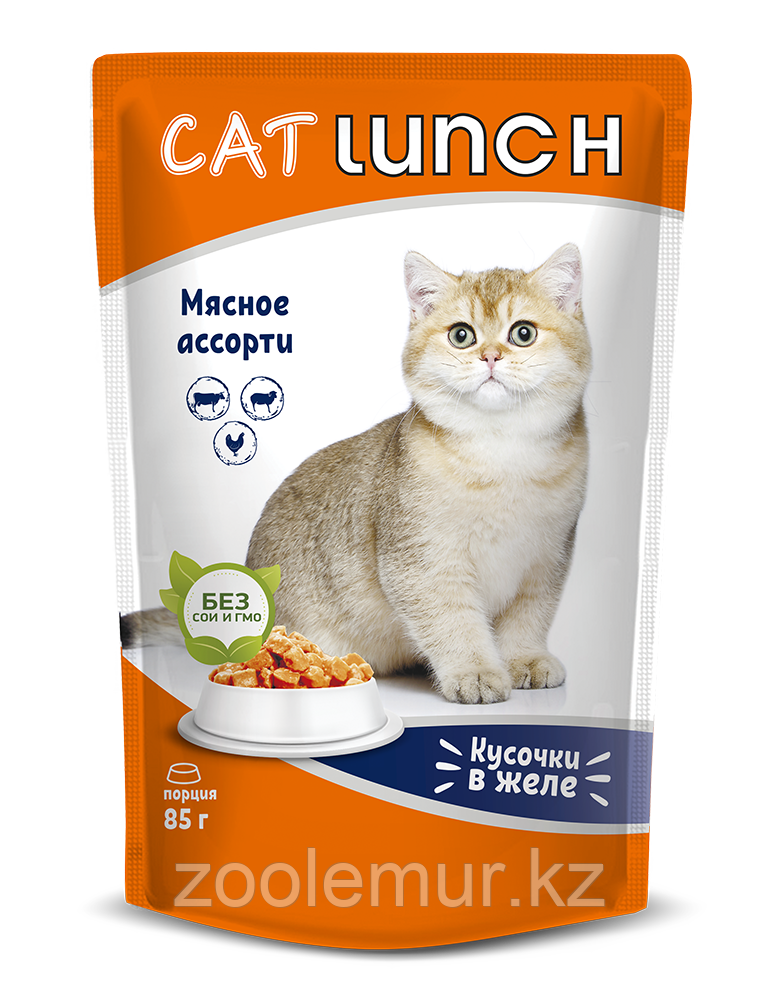 Cat Lunch кусочки в желе паучи для кошек Мясное ассорти, 85 г