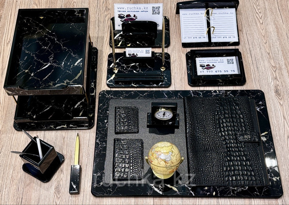 Настольный набор для руководителя, 14 предметов, серия Premium Plus, мрамор/кожа, фото 1