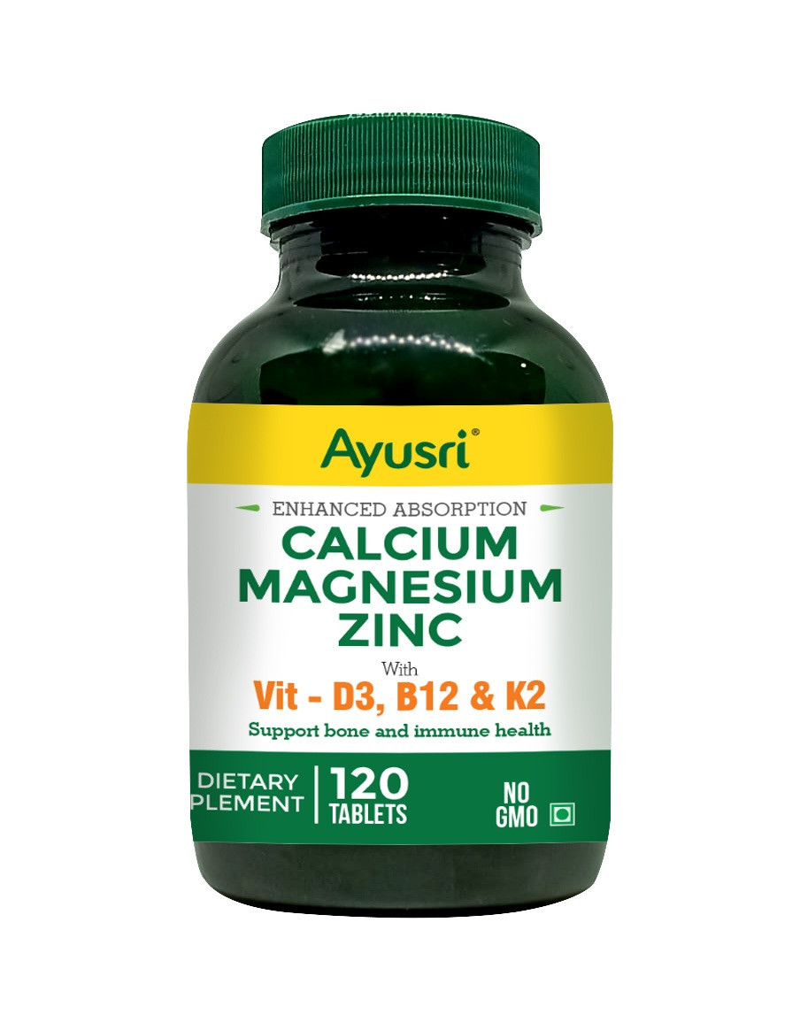 Кальций, Магний и Цинк с Витаминами D3, B12 и K2 (Calcium Magnesium Zinc AYUSRI), 120 таб