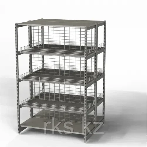 4RM Стеллаж торговый островной со стенкой проволочной и передней ногой тип 1
