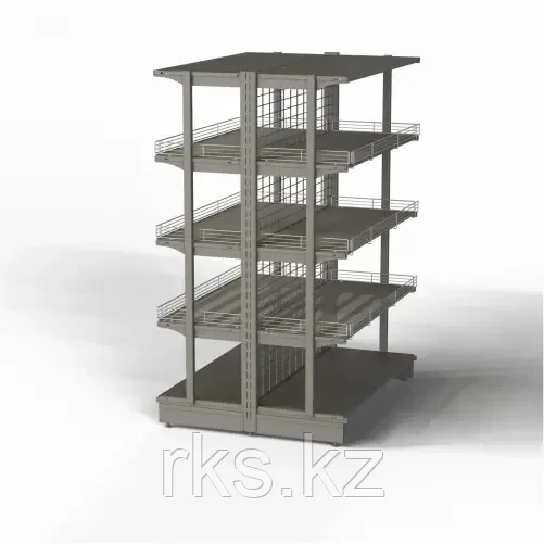 4RM Стеллаж торговый островной со стенкой проволочной и передней ногой тип 2