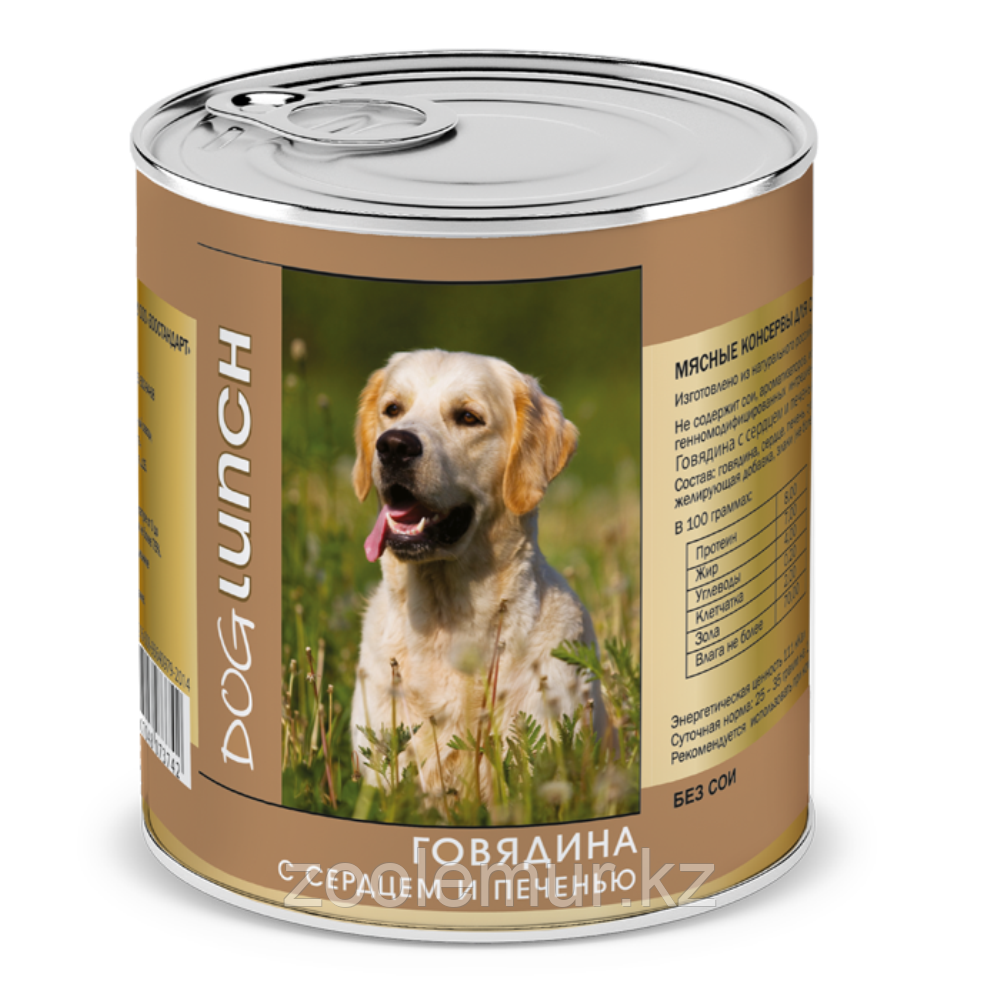 Dog Lunch консервы для собак Говядина с сердцем и печенью в желе 750 г