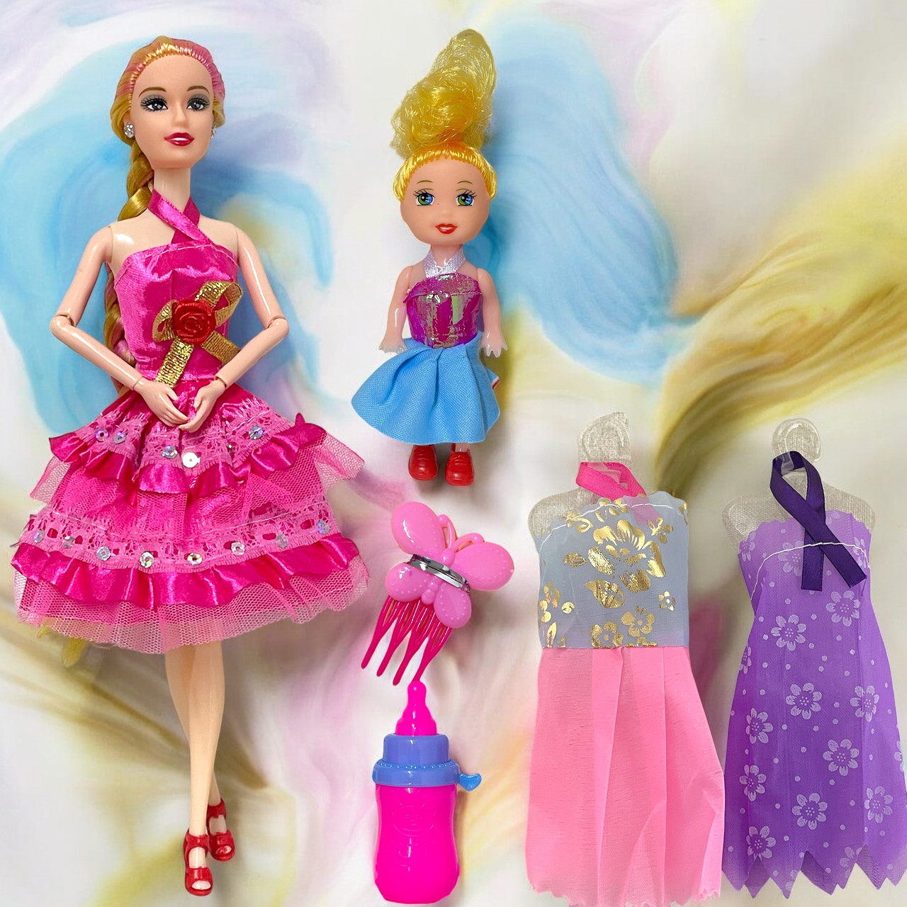 Помятая упаковка!!! H214C-K1 Кукла в темно розовом платье с девочкой и аксесс, 32*16см, фото 1