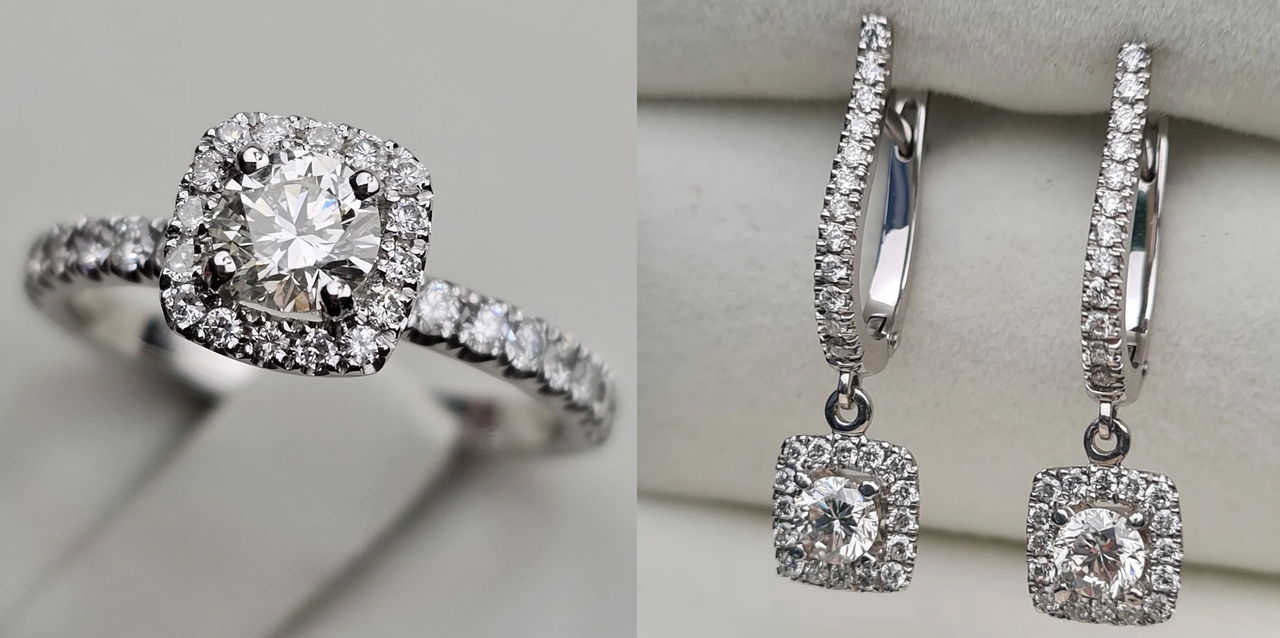Золотой набор с бриллиантами (кольцо 0.39Ct SI1/J, 0.22Ct VS1/G 17р. серьги 1.01Ct VS1-SI1/J), фото 1