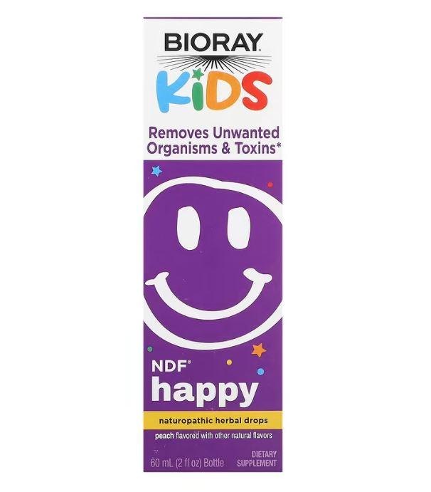 Bioray Inc., NDF "Счастье", выводит нежелательные микроорганизмы и токсины, для детей, персиковый вкус, 2 жид.