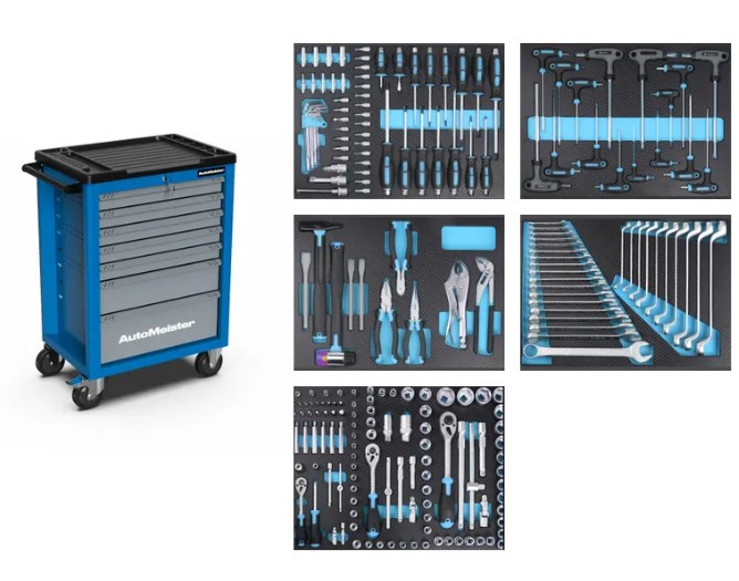 Тележка инструментальная 7 ящиков (RAL5015/RAL7040) с набором инструмента 218 предметов TM67N-218