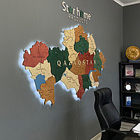 3D - Деревянная карта Казахстана на стену "с подсветкой"  /150*85 см, цвет ГРИН/РЕД/