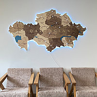 3D - Деревянная карта Казахстана "с подсветкой" /250*135 см, цвет ВЕНГЕ/