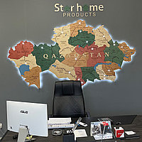 3D - Деревянная карта Казахстана "с подсветкой" /250*135 см, цвет ГРИН/РЕД/