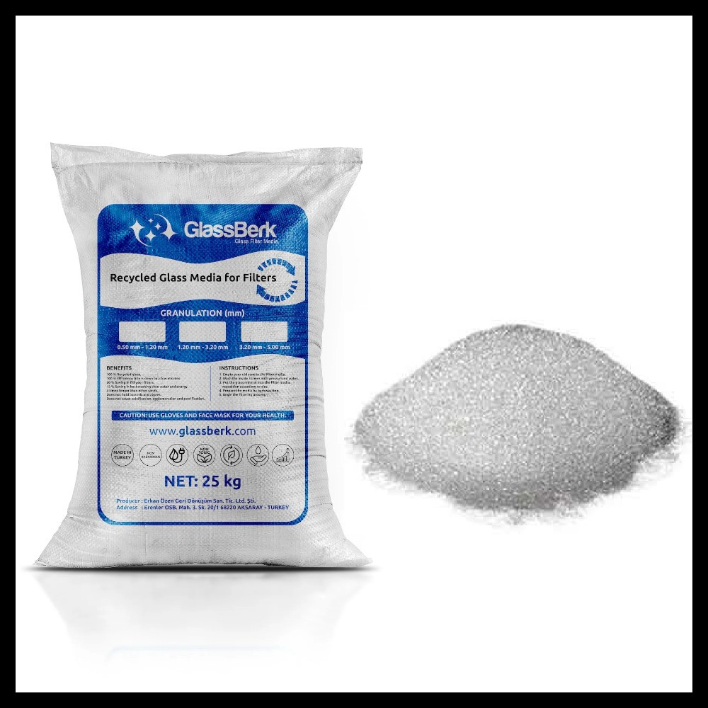 Песок стеклянный GlassBerk для песочных фильтров в бассейне (фракция 1,2-3,2 мм, мешок 25 кг.)