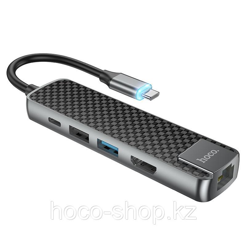Hoco HB23 Easy View, HDTV + USB3.0 + USB2.0 + RJ45 + PD құрылғыларындағы Type-C концентраторы, металл сұр, фото 1