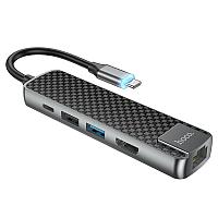 Hoco HB23 Easy View, концентратор Type-C на HDTV + USB3.0 + USB2.0 + RJ45 + PD, metal gray