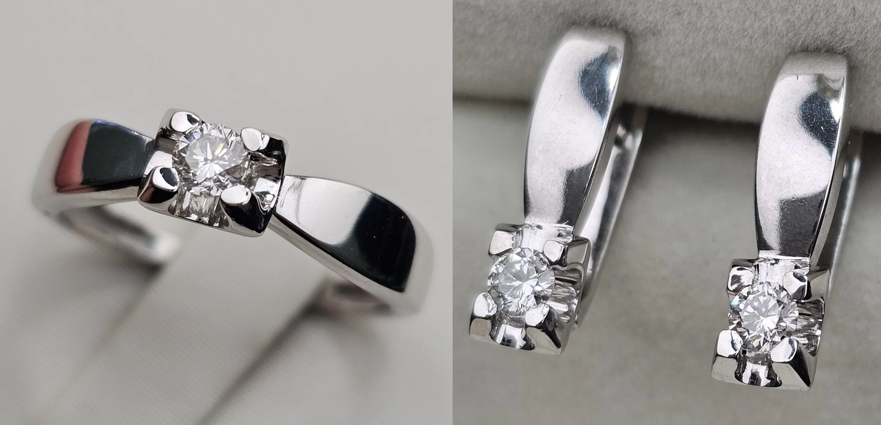 Золотой набор с бриллиантами (кольцо 17.5p 0.186Ct VS2/H, VG-Cut, серьги  0.316Ct SI1/H, VG-Cut ), фото 1