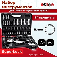 Набор инструментов ""FORCE"" 94 предмета с универ-ми 6-гр. головками для целых и сорванных граней (SL) 1/4 1/2