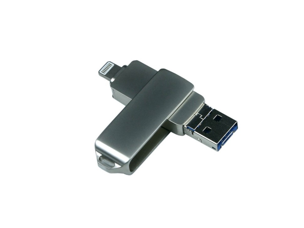 USB-флешка на 32 Гб, интерфейс USB3.0, поворотный механизм,c дополнительными разъемами для I-phone Lightning и, фото 1