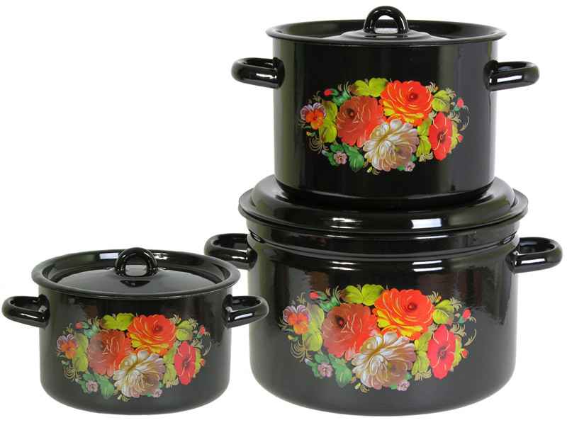 Набор кастрюль эмалированных (1,5 л, 2,9 л, 4,5 л) л, Стальэмаль 1с33, Жостово, черный, фото 1