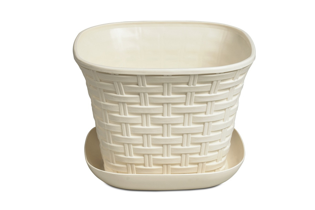 Кашпо квадратное 2.3 л VIOLET Ротанг с поддоном, слоновая кость, фото 1